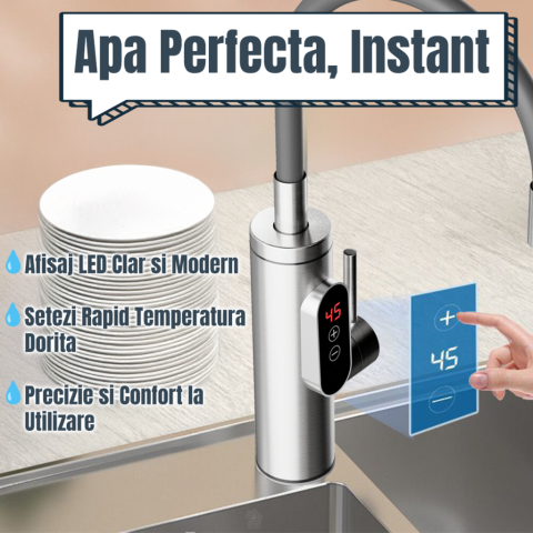 Robinet Instant apa calda, Temperatura reglabila, cu Afisaj LED – Apa Calda sau Rece in 3 Secunde, Putere 3300W, Design Modern din Otel Inoxidabil, Afisaj Digital al temperaturii, Ideal pentru Baie, B [7]