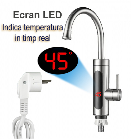 Incalzitoare instant - Robinet Instant pentru Apa Calda si Rece, Incalzire in doar 3 secunde, Afisaj Digital LED, 3300W, Corp din Otel Inoxidabil, Rotatie 360°, Culoare Argintiu, Stecher Detasabil si Cablul de 2m