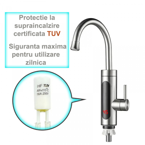 Robinet Instant pentru Apa Calda si Rece, Incalzire in doar 3 secunde, Afisaj Digital LED, 3300W, Corp din Otel Inoxidabil, Rotatie 360°, Culoare Argintiu, Stecher Detasabil si Cablul de 2m [4]