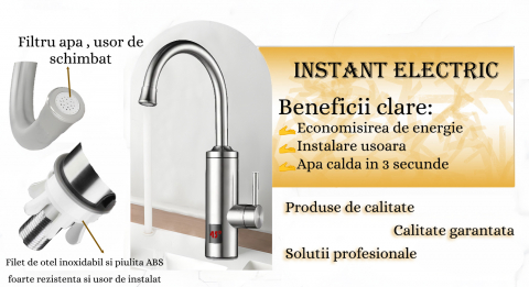 Robinet Instant pentru Apa Calda si Rece, Incalzire in doar 3 secunde, Afisaj Digital LED, 3300W, Corp din Otel Inoxidabil, Rotatie 360°, Culoare Argintiu, Stecher Detasabil si Cablul de 2m [3]