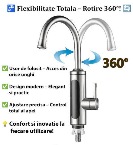 Incalzitoare instant - Robinet Instant pentru Apa Calda si Rece, Incalzire in doar 3 secunde, Afisaj Digital LED, 3300W, Corp din Otel Inoxidabil, Rotatie 360°, Culoare Argintiu, Stecher Detasabil si Cablul de 2m