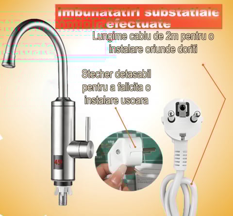 Incalzitoare instant - Robinet Instant pentru Apa Calda si Rece, Incalzire in doar 3 secunde, Afisaj Digital LED, 3300W, Corp din Otel Inoxidabil, Rotatie 360°, Culoare Argintiu, Stecher Detasabil si Cablul de 2m