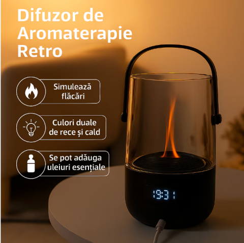 Difuzor Aromaterapie cu Flacara LED si Afisaj Digital – Design Retro, Iluminare Calda & Rece, Uleiuri Esentiale, USB, Cadou Perfect [2]
