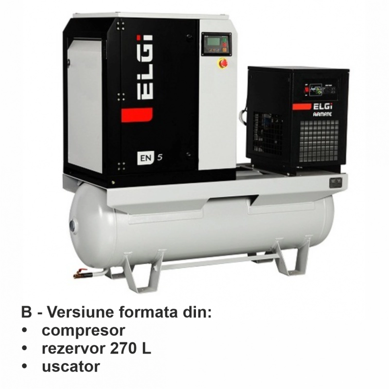 Compresor electric cu surub ELGI EN5-7bar debit 0.74mc/min, uscator si rez.270L inclus, 5.5kW/400V [4]