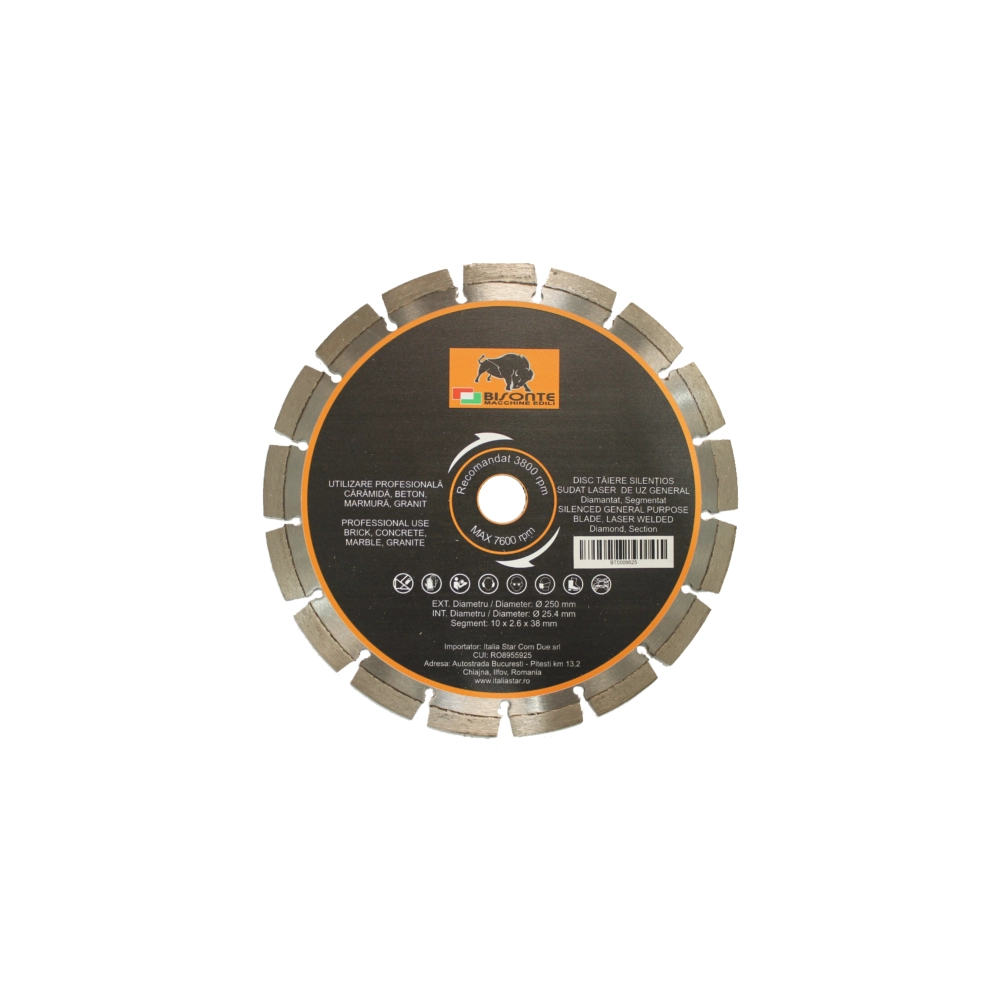Accesorii scule si utilaje - Disc Bisonte diamantat segmentat silentios, pentru caramida, beton, marmura, granit, Ø 250mm