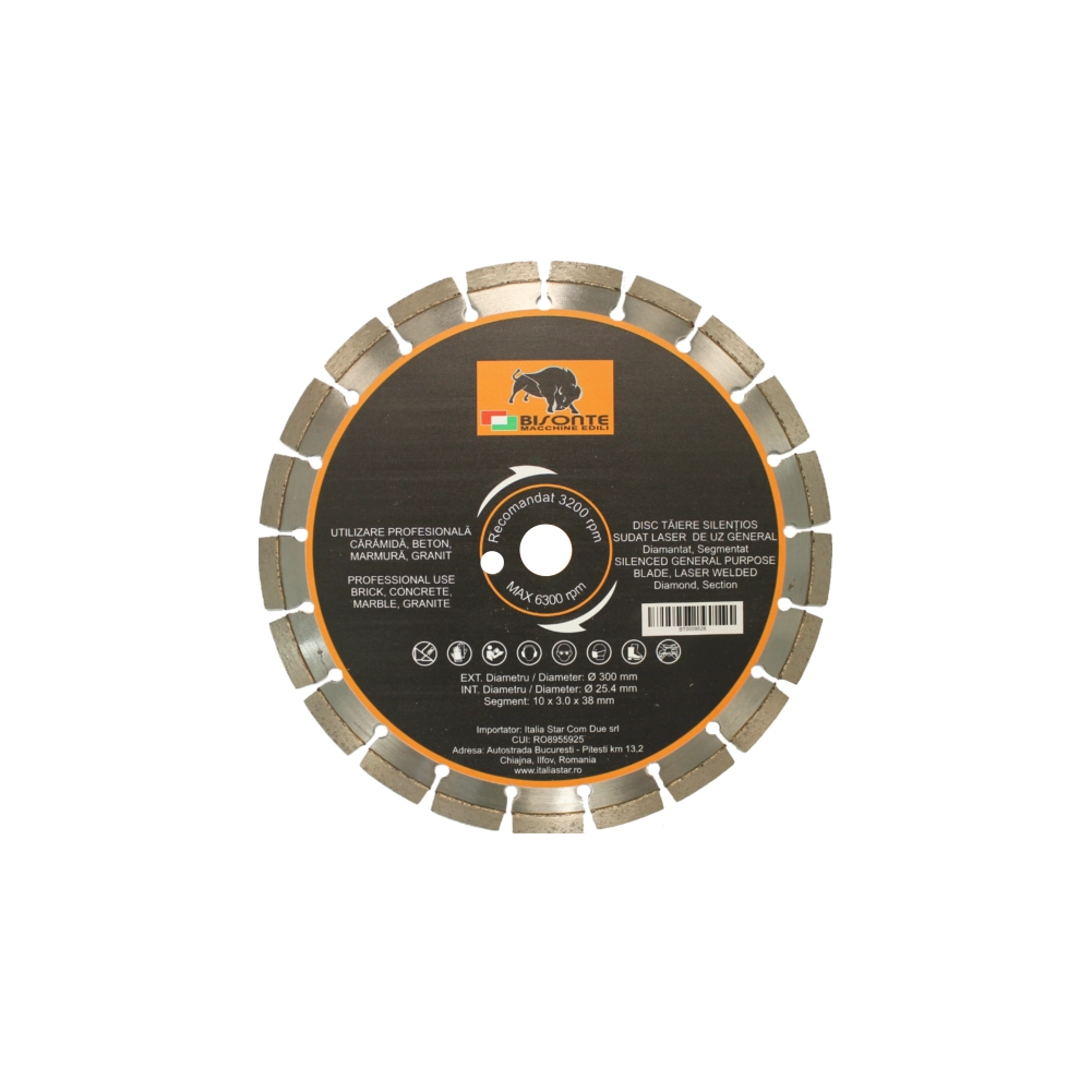 Accesorii scule si utilaje - Disc Bisonte diamantat segmentat silentios, pentru caramida, beton, marmura, granit, Ø 300mm