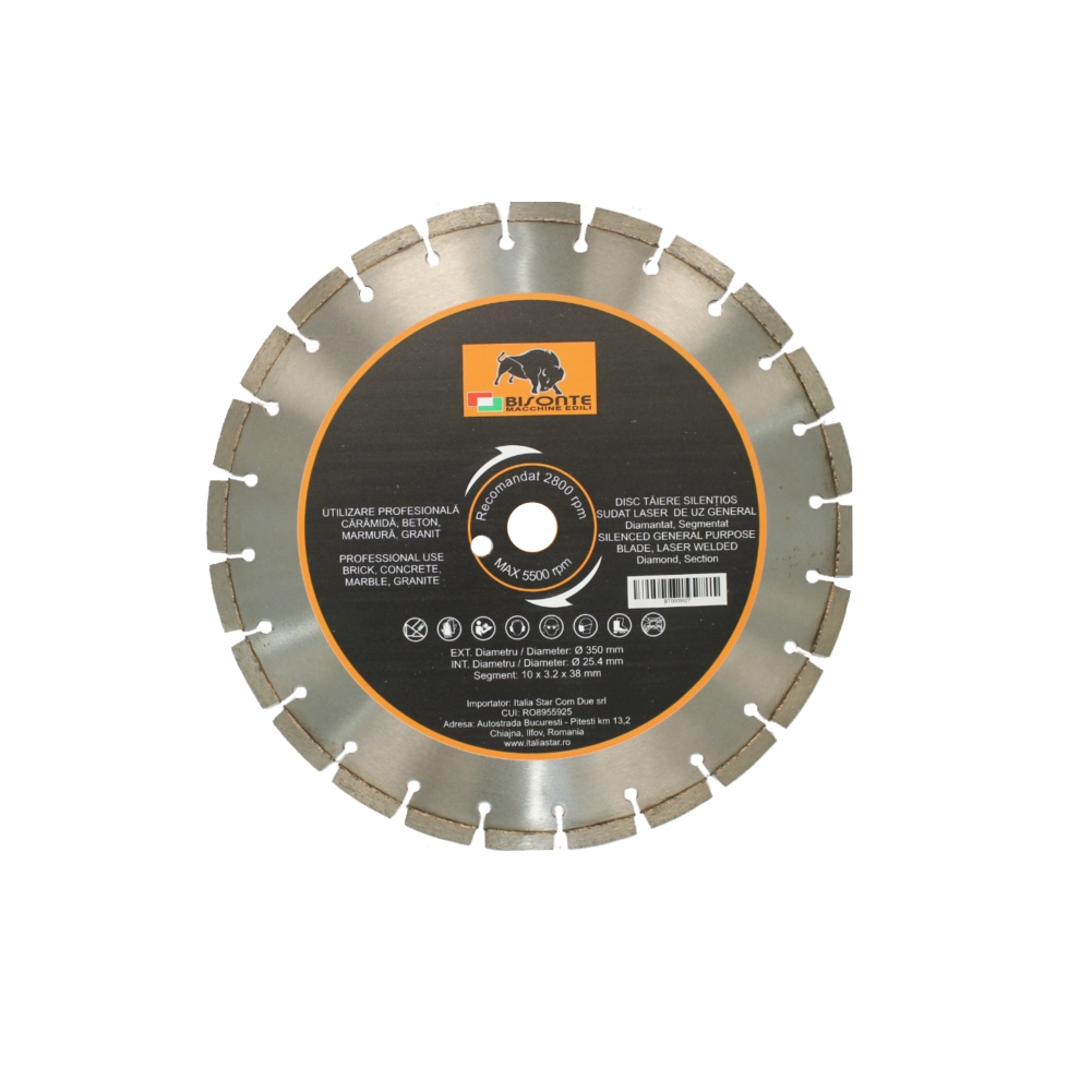 Accesorii scule si utilaje - Disc Bisonte diamantat segmentat silentios, pentru caramida, beton, marmura, granit, Ø 350mm