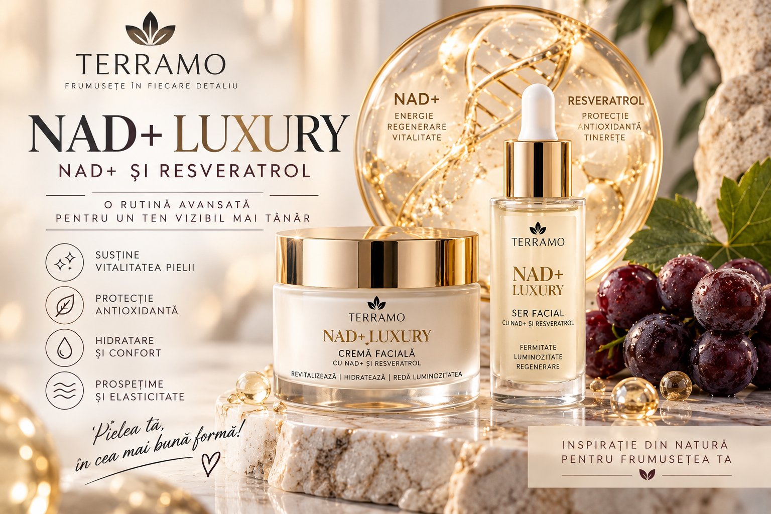 NAD+ și resveratrol în produsele cosmetice: ce sunt și cum le incluzi în rutina de îngrijire