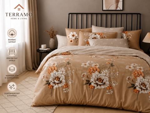 Lenjerie de pat bumbac satinat 4 piese Floral Bej Terramo [1]