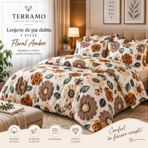 Lenjerii din bumbac satinat - Lenjerie de Pat Dublu din Bumbac Satinat 4 Piese – Floral Amber