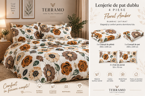 Lenjerie de Pat Dublu din Bumbac Satinat 4 Piese – Floral Amber [1]