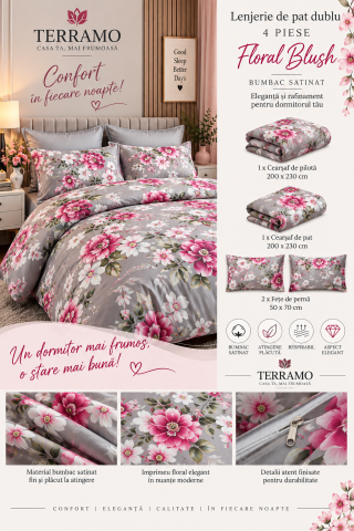 Lenjerie de Pat Dublu din Bumbac Satinat 4 Piese – Floral Blush [1]