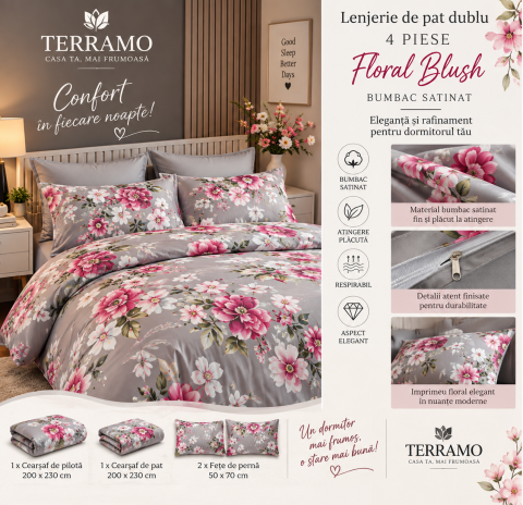 Lenjerii din bumbac satinat - Lenjerie de Pat Dublu din Bumbac Satinat 4 Piese – Floral Blush