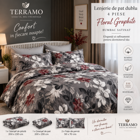 Lenjerii din bumbac satinat - Lenjerie de Pat Dublu din Bumbac Satinat 4 Piese – Floral Graphite
