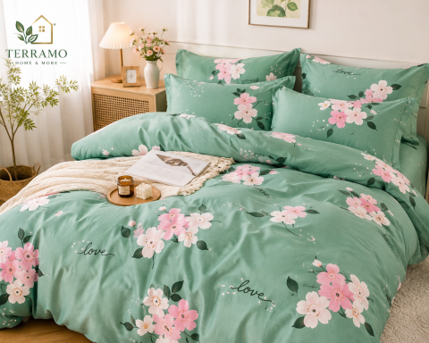 Lenjerie de pat bumbac satinat 4 piese verde floral Terramo [1]