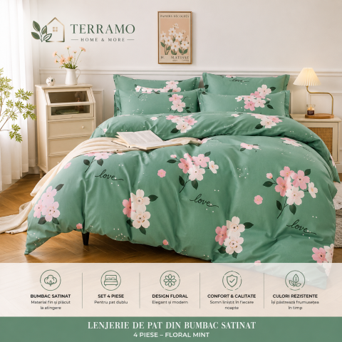 Lenjerii din bumbac satinat - Lenjerie de pat bumbac satinat 4 piese verde floral Terramo