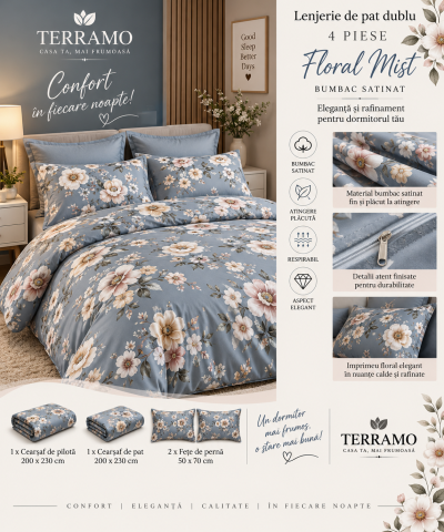 Lenjerii din bumbac satinat - Lenjerie de Pat Dublu din Bumbac Satinat 4 Piese – Floral Mist