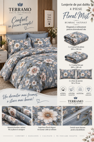 Lenjerie de Pat Dublu din Bumbac Satinat 4 Piese – Floral Mist [1]