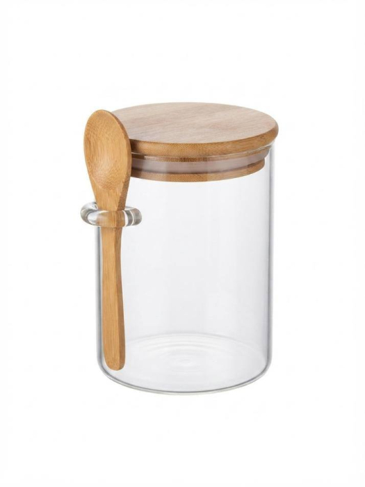 Borcan din sticla borosilicata cu capac din bambus si lingurita [3]
