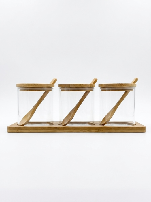Set 3 recipiente pentru condimente din sticla borosilicata cu capac, lingurite si suport din bambus [3]