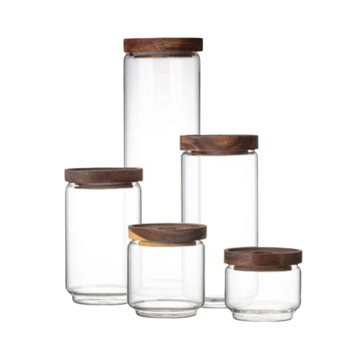 Set 5 recipiente depozitare din sticla borosilicata cu capace etanse din lemn [2]
