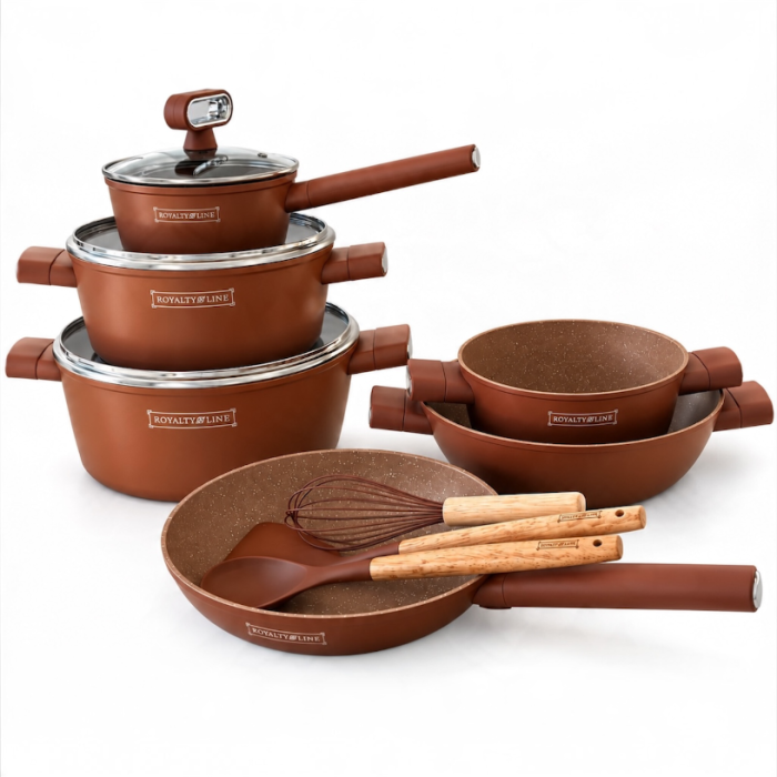 Set oale și tigăi Royalty Line, 15 piese, înveliș antiaderent tip marmură, maro [3]