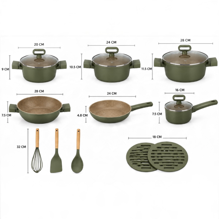 Set oale și tigăi Royalty Line, 15 piese, înveliș antiaderent tip marmură, verde oliv [4]