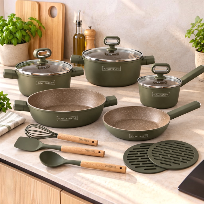 Set oale și tigăi Royalty Line, 15 piese, înveliș antiaderent tip marmură, verde oliv [2]