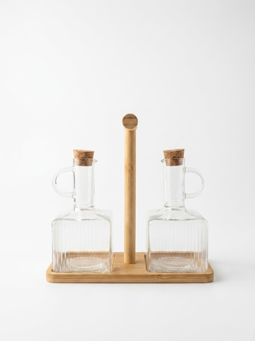 Set oliviera 2 recipiente 300 ml din sticla borosilicata, cu dop pluta si suport din bambus. [2]