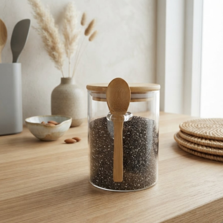 Organizare bucatarie - Borcan din sticla borosilicata cu capac din bambus si lingurita