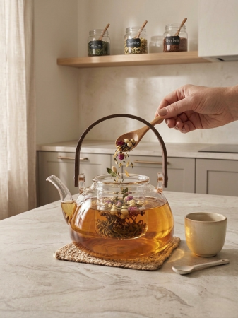 Ceainic din sticla borosilicata cu infuzor si maner din lemn - 800 ml [1]
