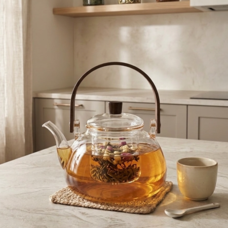Cafea si ceai - Ceainic din sticla borosilicata cu infuzor si maner din lemn - 800 ml