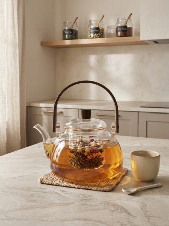 Cafea si ceai - Ceainic din sticla borosilicata cu infuzor si maner din lemn - 800 ml