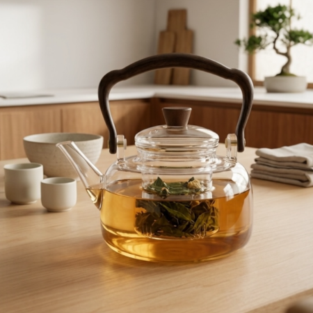 Cafea si ceai - Ceainic din sticla borosilicata cu infuzor si maner imitatie din lemn - 800 ml
