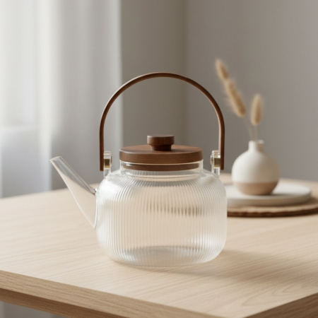 Ceainic din sticla borosilicata striata cu infuzor și maner din lemn, 800 ml [2]