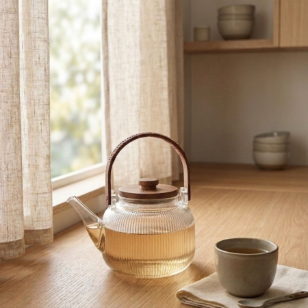 Cafea si ceai - Ceainic din sticla borosilicata striata cu infuzor și maner din lemn, 800 ml