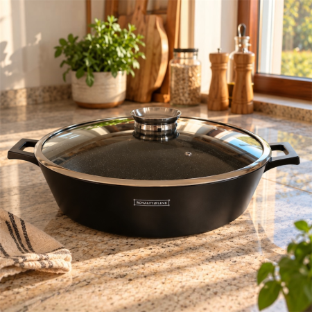 BUCATARIE - Cratita joasa Royalty Line, 40 cm, 10.2 L, invelis antiaderent marmorat, cu capac, neagra