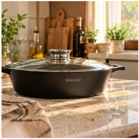 Cratita joasa Royalty Line, 40 cm, 10.2 L, invelis antiaderent marmorat, cu capac, neagra [1]