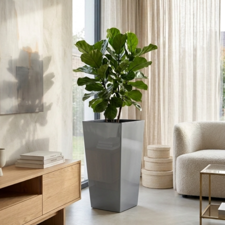 Ghivece flori - Ghiveci decorativ Lamela Finezja cu insert interior, 3 dimensiuni - GRI ANTRACIT LUCIOS