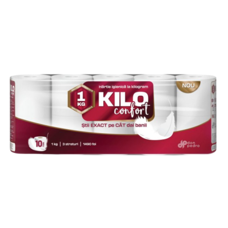 Accesorii curatenie - Hartie igienica KILO Comfort, 3 straturi, 100% celuloza, 10 role
