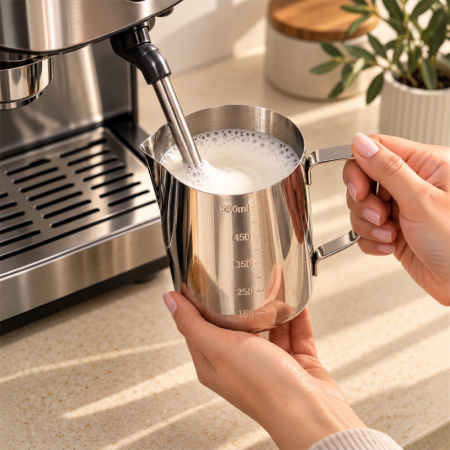 Cani si cesti - Latiera inox pentru spumarea laptelui, cu gradatii si cioc pentru Latte Art, 350 ml / 550 ml