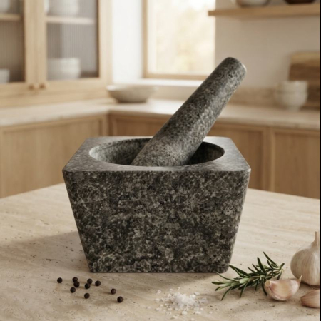 Cutite si ustensile bucatarie - Mojar patrat din granit natural Perfect Home, 16.5 cm, negru