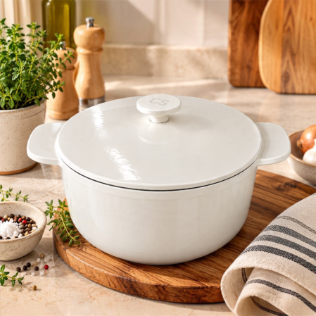 Vase pentru gatit - Oala din fonta emailata cu capac - 26 cm, 6 L, alba -  ideala pentru gatit lent