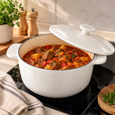 Oala din fonta emailata cu capac - 26 cm, 6 L, alba -  ideala pentru gatit lent [1]