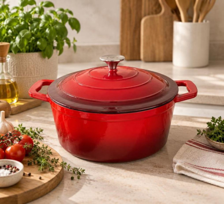 Vase pentru gatit - Oala din fonta emailata cu capac - 5 L, rosie -  ideala pentru gatit lent