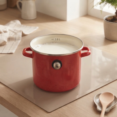 Vase pentru gatit - Oala rosie emailata dubla pentru fiert lapte cu sistem de fluierare, 3 L