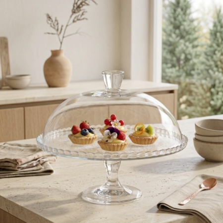 Platouri - Platou cu picior si capac din sticla Patisserie, Pasabahce, diametru 32 cm, inaltime 26 cm