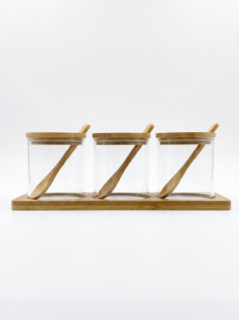 Set 3 recipiente pentru condimente din sticla borosilicata cu capac, lingurite si suport din bambus [2]
