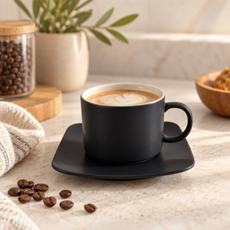Cani si cesti - Set 6 cesti de cafea cu farfurioare, negru mat, 150 ml, Malooki
