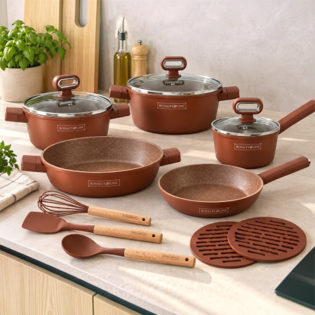 Vase pentru gatit - Set oale și tigăi Royalty Line, 15 piese, înveliș antiaderent tip marmură, maro